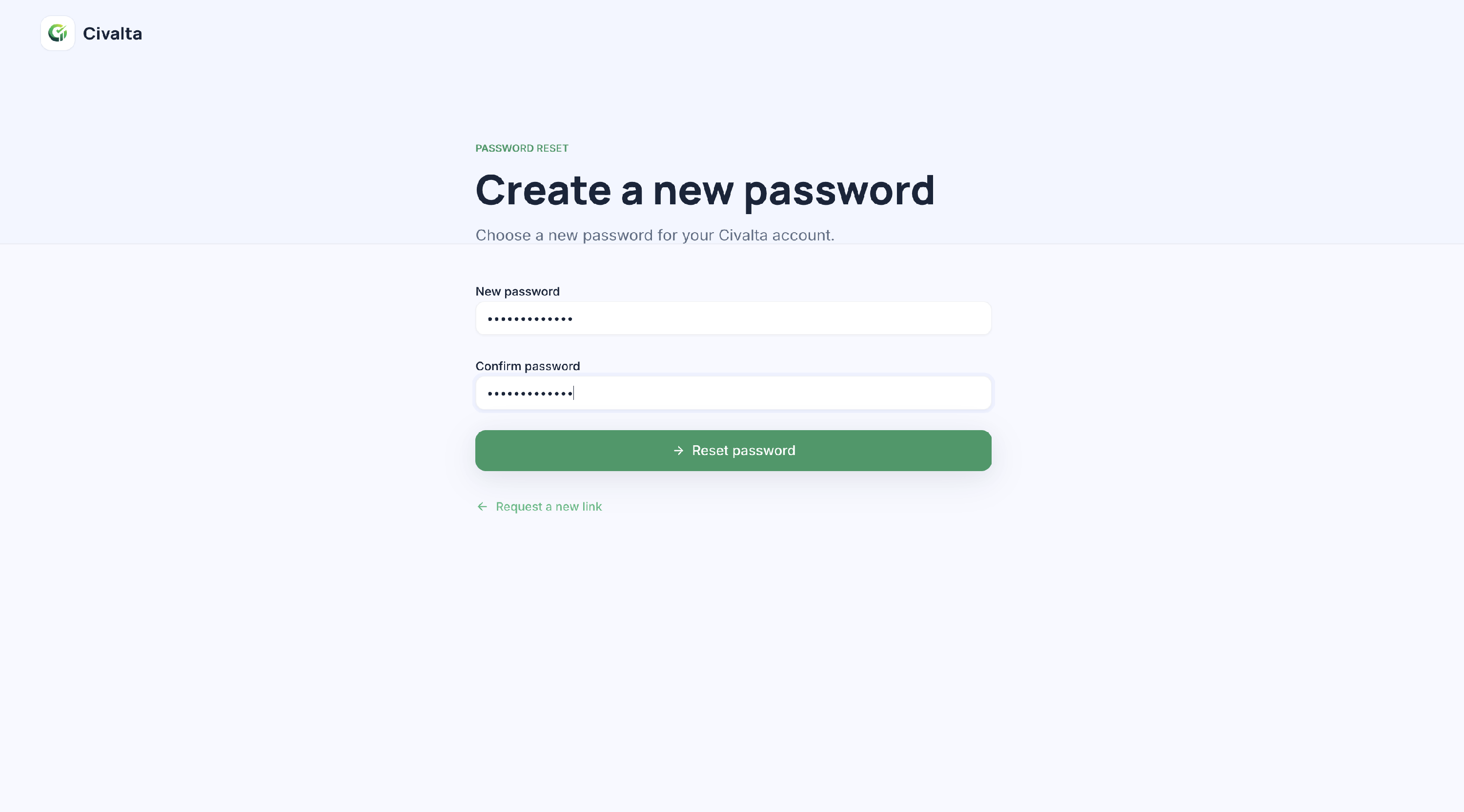 Civalta Create a new password page
