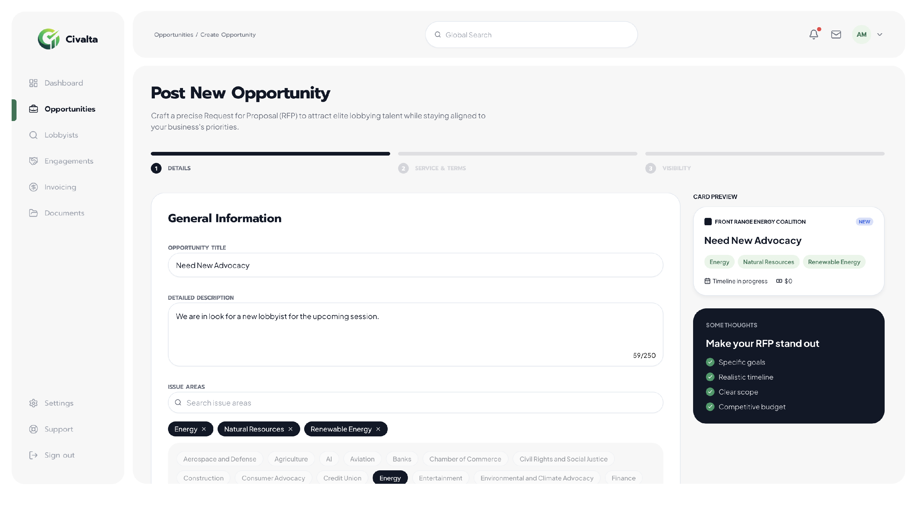 Civalta Post New Opportunity screen on the Details step, showing the opportunity title, detailed description, selected issue areas, and live card preview