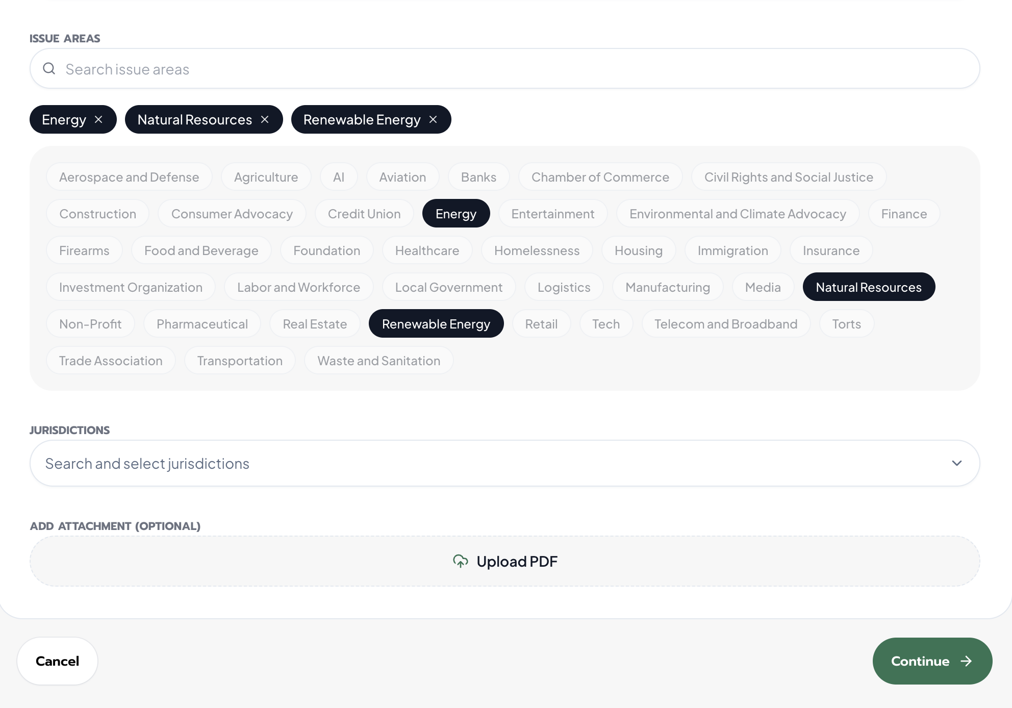 Civalta opportunity Details step showing selected issue areas, the jurisdiction selector, optional PDF upload, and Continue button