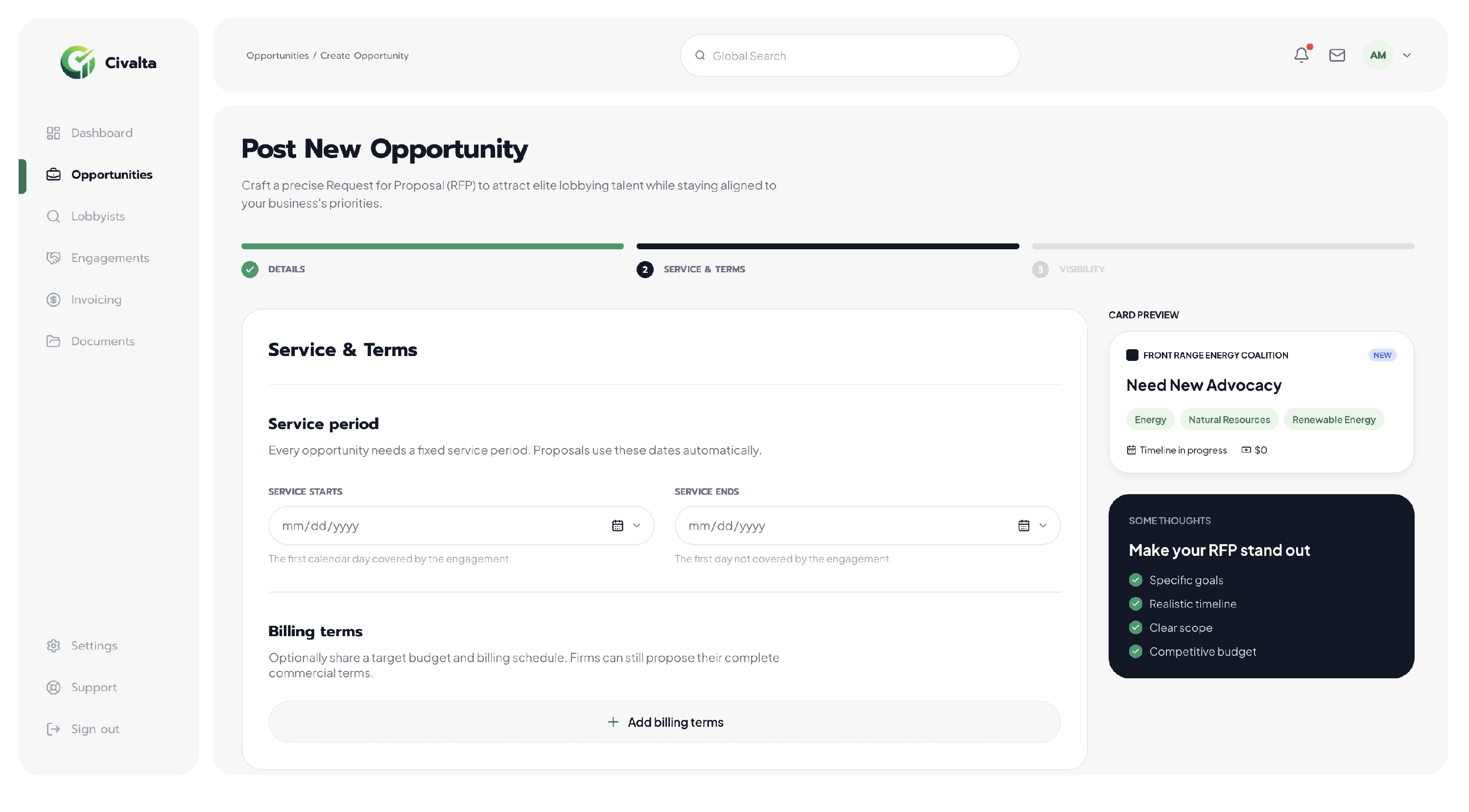 Civalta opportunity Service and Terms step with required service start and service end dates and the Add billing terms option