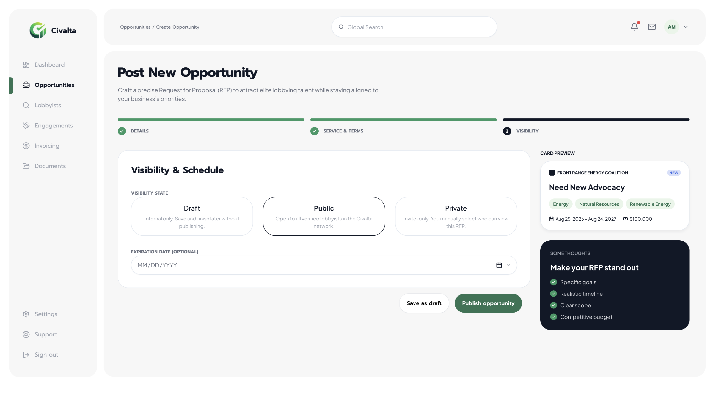 Civalta opportunity Visibility and Schedule step with Draft, Public, and Private choices, an optional expiration date, Save as draft, and Publish opportunity buttons