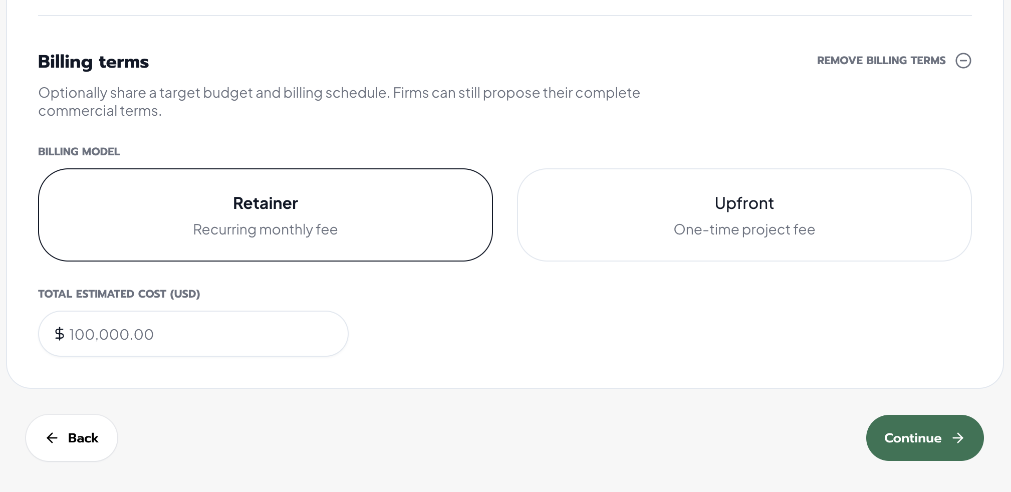 Expanded Civalta billing terms showing Retainer and Upfront models and a Total Estimated Cost field