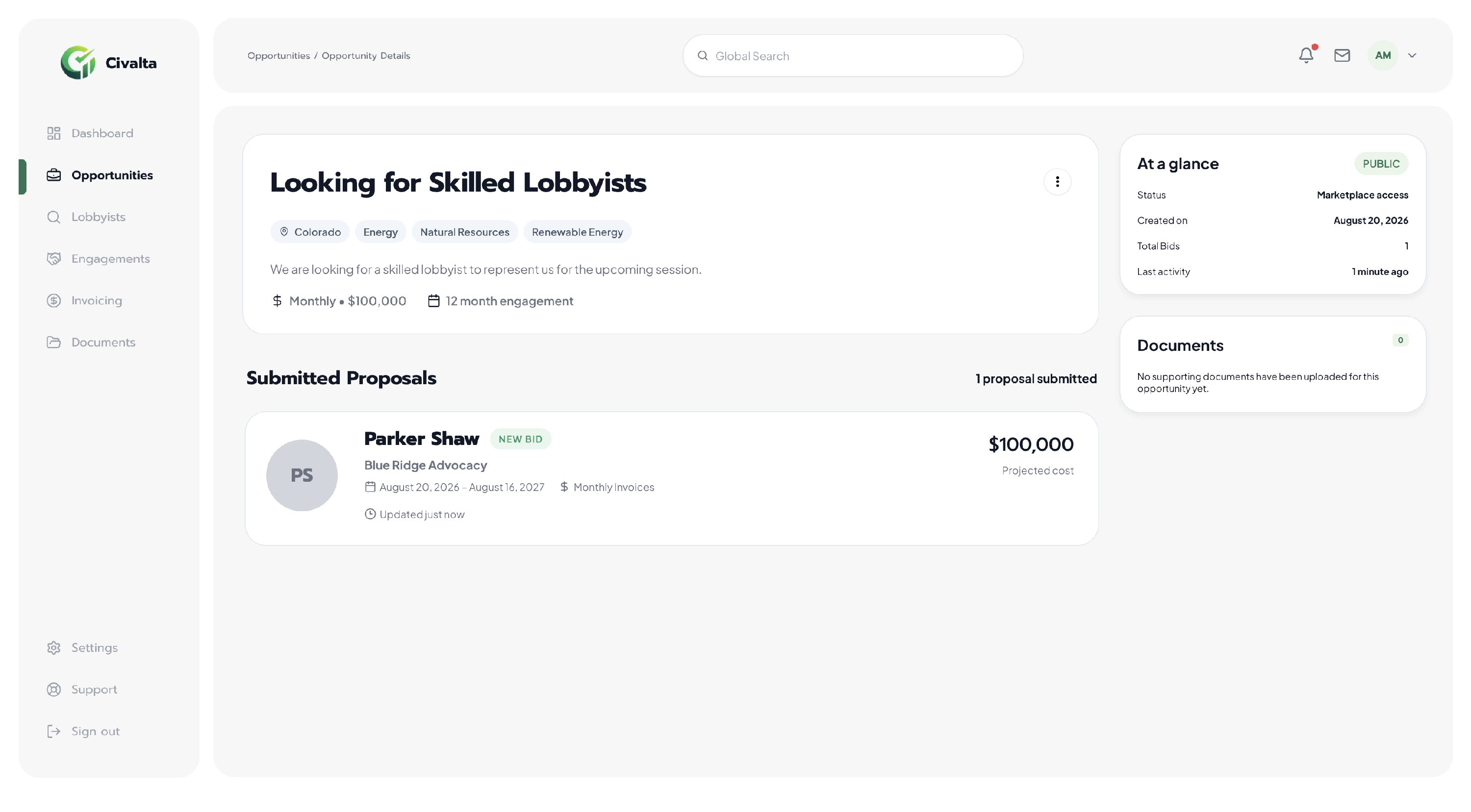 The Submitted Proposals section on a client opportunity page