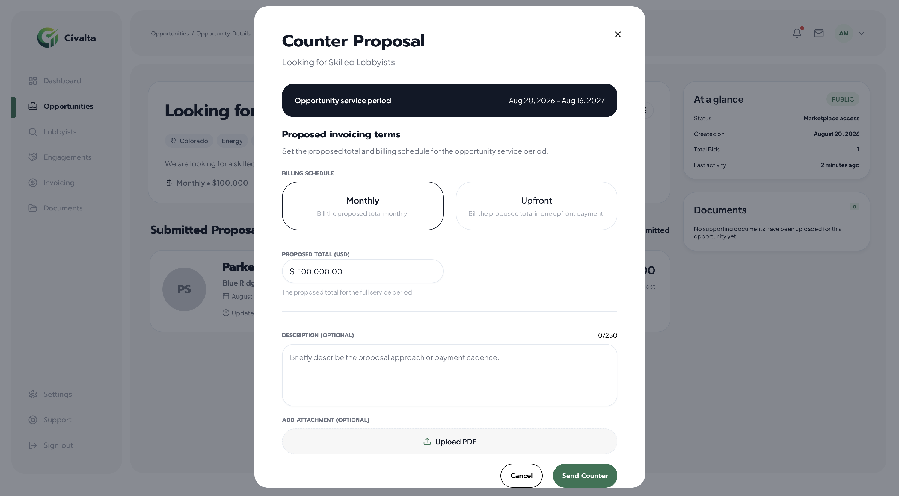 The Counter Proposal form with billing schedule, proposed total, description, and PDF upload