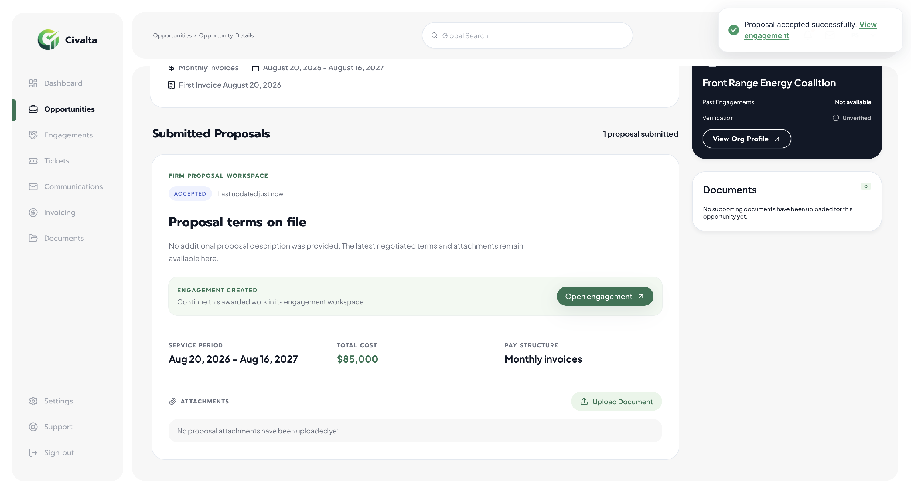 Civalta proposal workspace showing an Accepted status, an Engagement Created message, and an Open engagement button