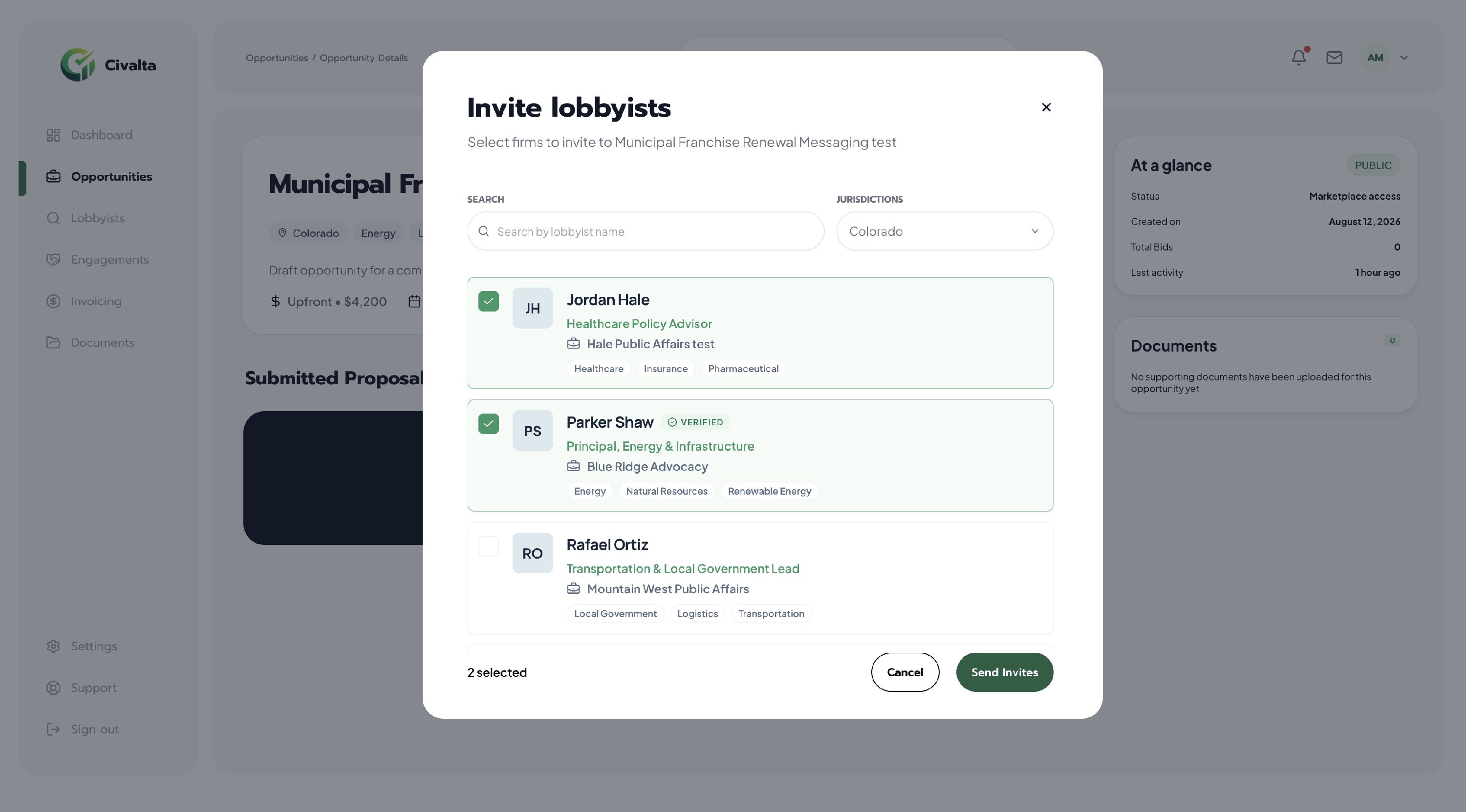 Invite lobbyists dialog showing name search, jurisdiction filter, selected lobbyists, and Send Invites button.