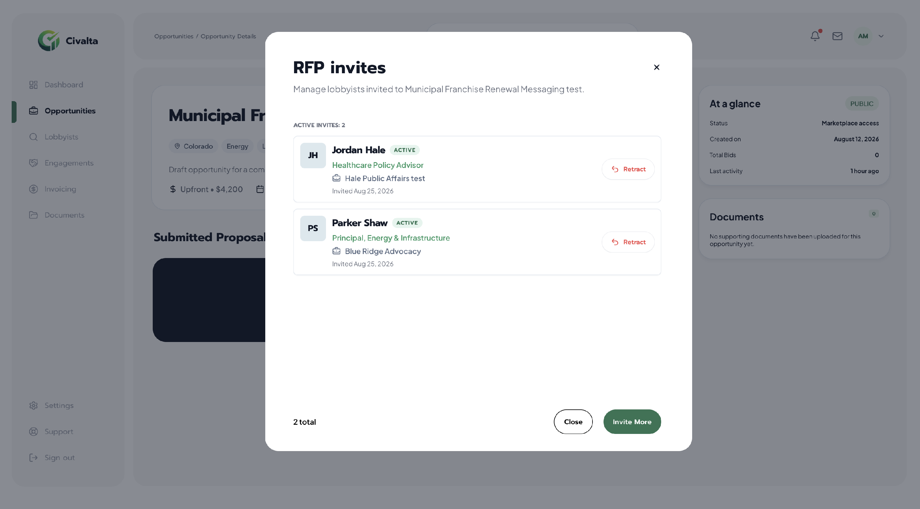RFP invites dialog showing two active lobbyist invitations, Retract controls, and Invite More button.
