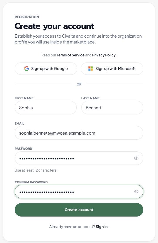 Civalta sign-up form showing Sophia Bennett, her email address, and the password and confirmation fields