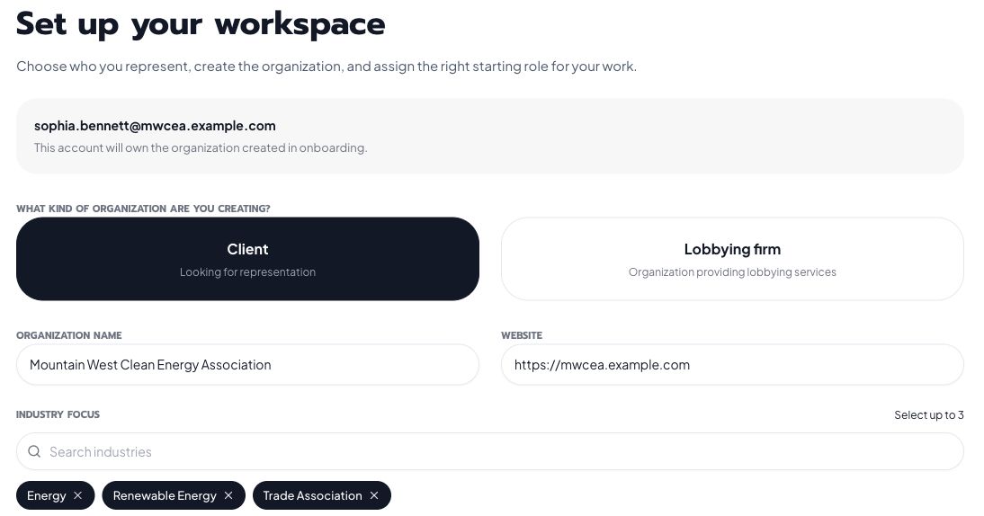 Civalta workspace setup with Client selected and Mountain West Clean Energy Association organization details