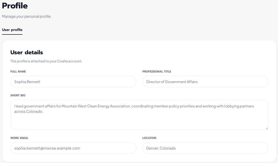 Civalta User profile settings with Sophia Bennett’s full name, professional title, short bio, work email, and Denver location