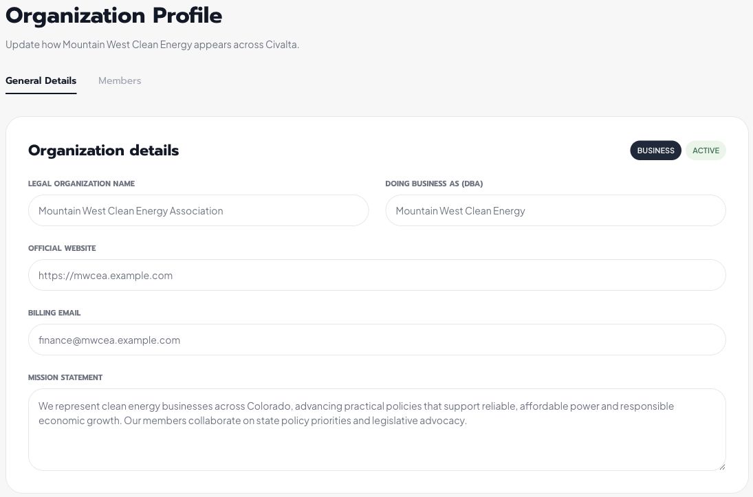 Civalta General details settings for Mountain West Clean Energy Association, including legal name, DBA, website, billing email, and mission statement