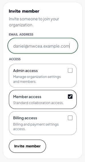 Civalta Invite member form with Daniel’s example email address and Admin, Member, and Billing access choices