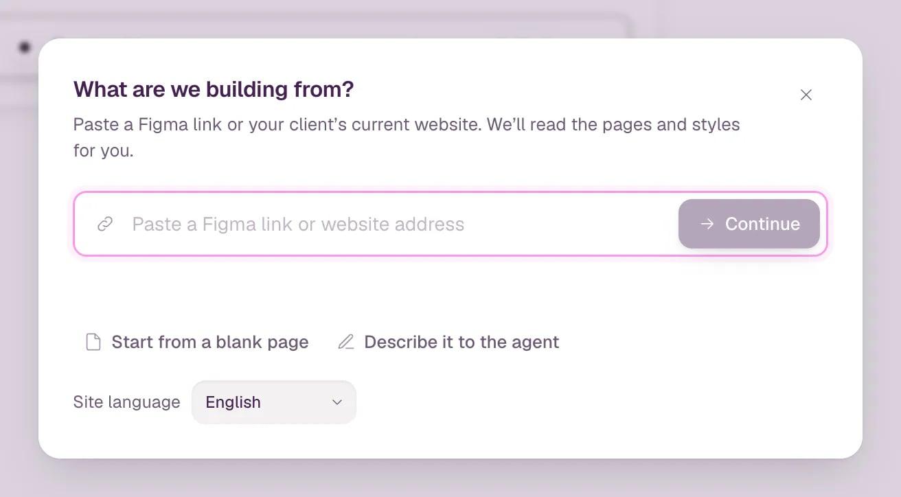 The New site dialog: a field for a Figma link or website address with a Continue button, two more options below it, and the Site language menu set to English.