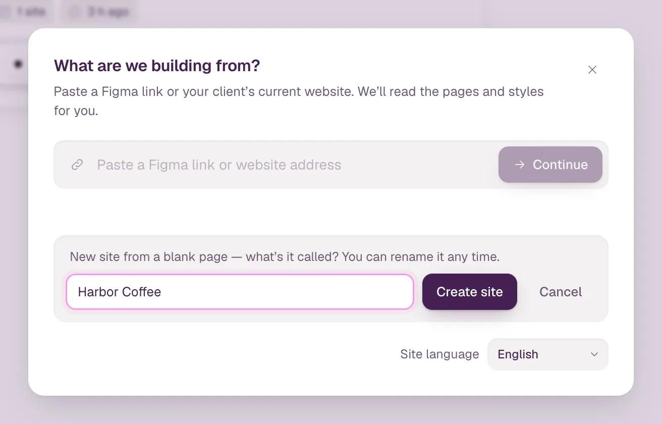 The dialog asks "New site from a blank page — what's it called?" with a filled-in site name, a Create site button and Cancel.
