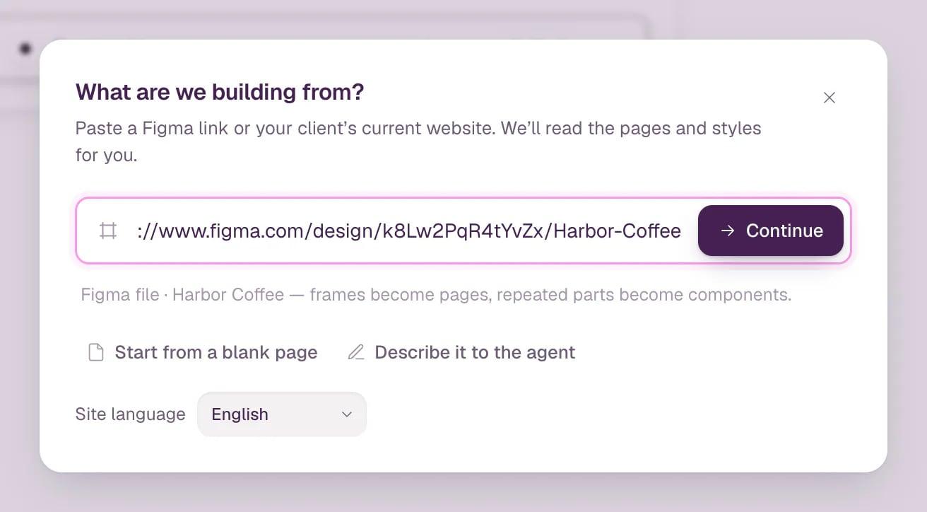 The New site dialog with a Figma link pasted in the field. Under it: "Figma file · Harbor Coffee — frames become pages, repeated parts become components."