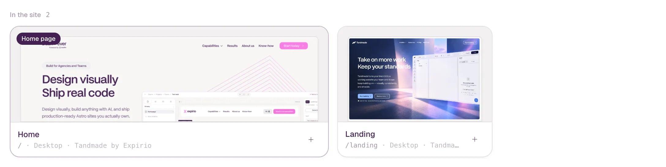 Two page cards proposed from the Figma file, Home and Landing, each with a preview of its frame. Home is marked Home page.