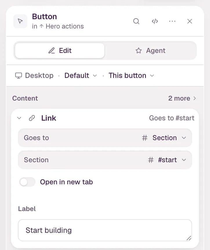 The inspector with a button selected: its name and parent at the top, the Edit and Agent switch, and a row that reads Desktop, Default, This button.
