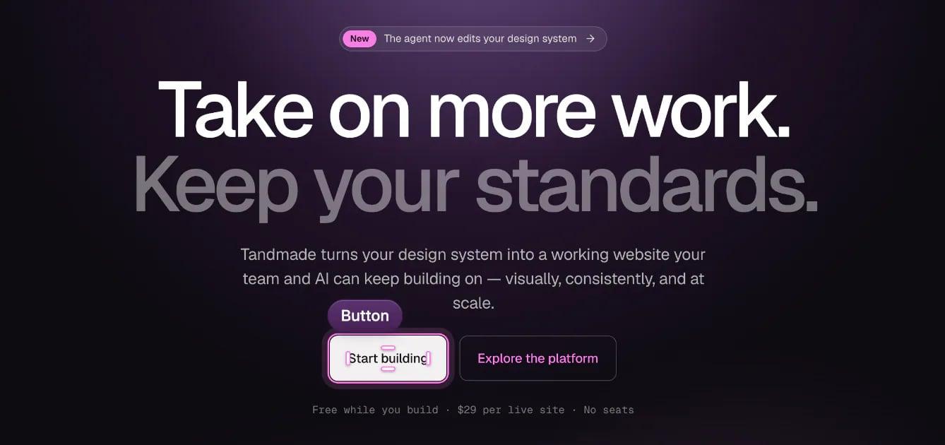 The Start building button selected on the canvas, with a Button label above it.
