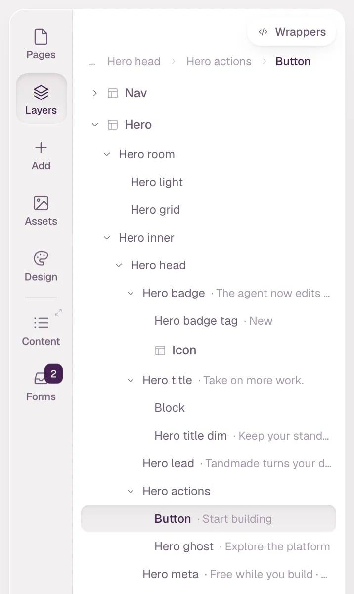 The Layers panel opened down to the selected button, its row highlighted under Hero actions.