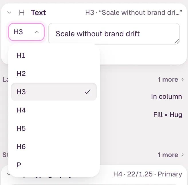 The Text part of the inspector for a card title. The heading level menu next to the text is open and lists H1 to H6 and P, with H3 checked.