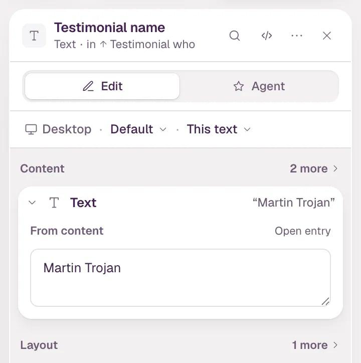 The inspector with a testimonial's author name selected. Under Content it says From content, with Open entry on the right, above a field that holds Martin Trojan.