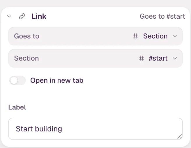 The Link part of the inspector for the Start building button: Goes to is set to Section, the section is #start, Open in new tab is off and the label reads Start building.