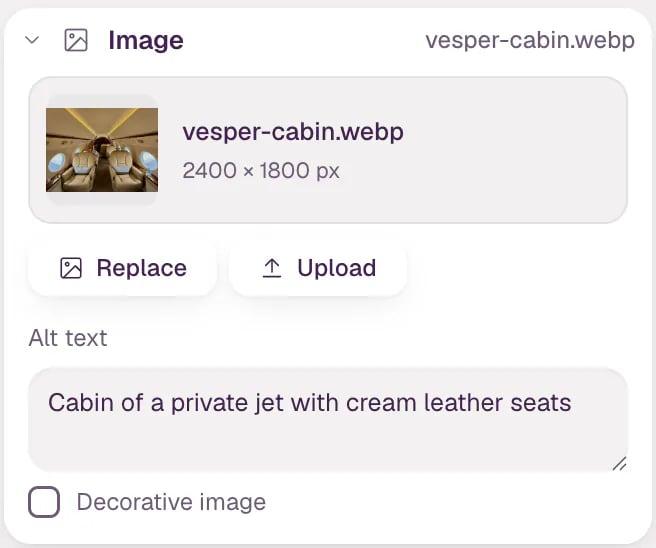 The Image part of the inspector: a thumbnail of vesper-cabin.webp, 2400 × 1800 px, Replace and Upload buttons, an Alt text field describing the cabin, and a Decorative image checkbox.