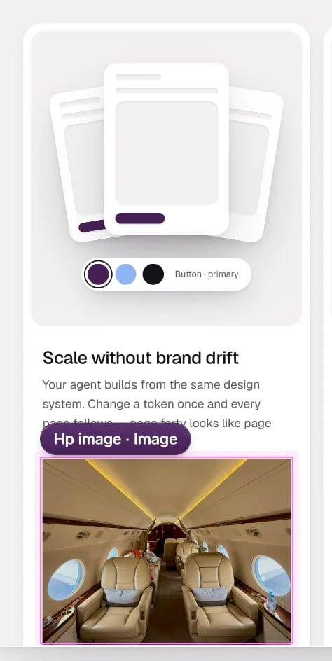 A card of the page on the canvas with a photo of a jet cabin under its title and text. The photo is selected and labelled Hp image.