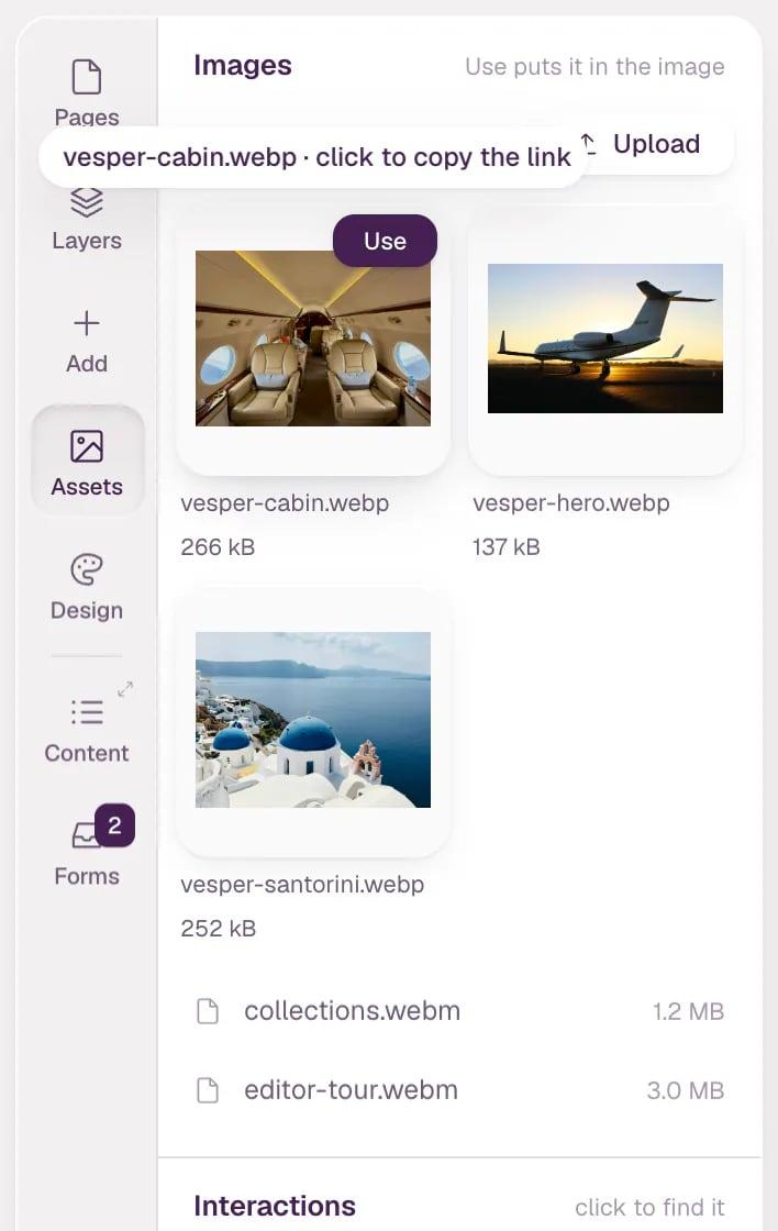 The Assets panel with three images and two video files. The pointer is on the first image, which shows a Use button.