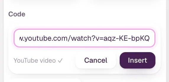 The Embed form in the Add panel with a YouTube link pasted. Under it: YouTube video ✓, with Cancel and Insert buttons.