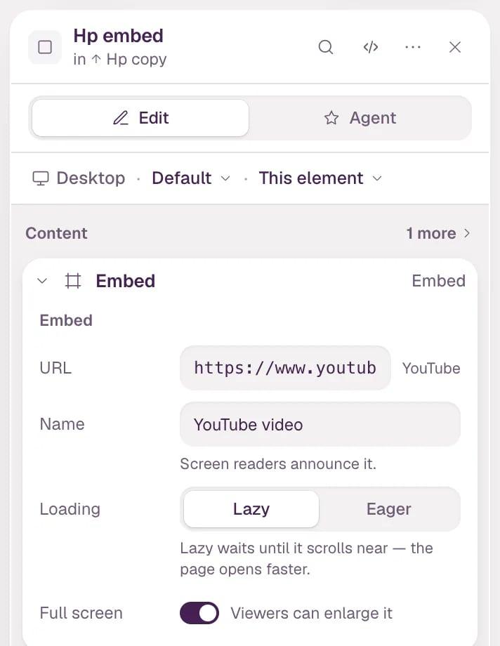 The inspector with the embed selected: the YouTube embed address, a Name field, Loading and Full screen.