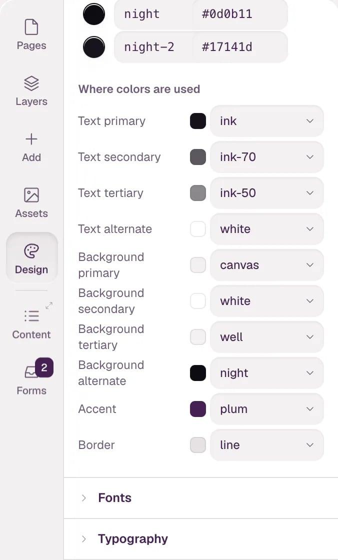 The Where colors are used list: Text primary is ink, Text secondary ink-70, Background primary canvas, Background alternate night, Accent plum and Border line.