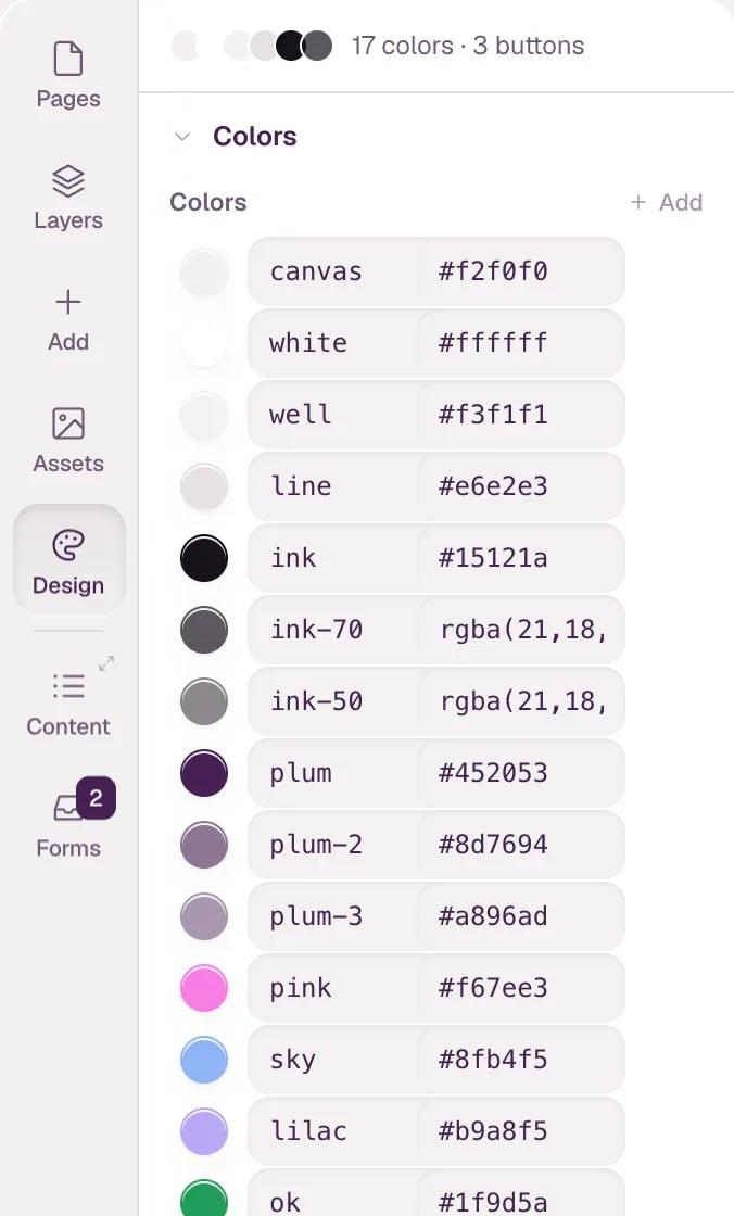 The Design panel with the Colors group open: a palette of named colors such as canvas, white, ink, plum and pink, each with its value.