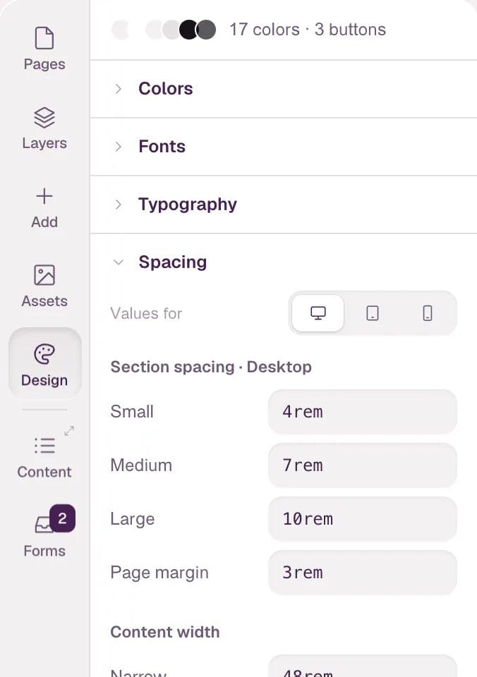 The Spacing group with Values for set to Desktop: Section spacing Small 4rem, Medium 7rem, Large 10rem, Page margin 3rem, and Content width Narrow 48rem, Medium 64rem, Wide 80rem.