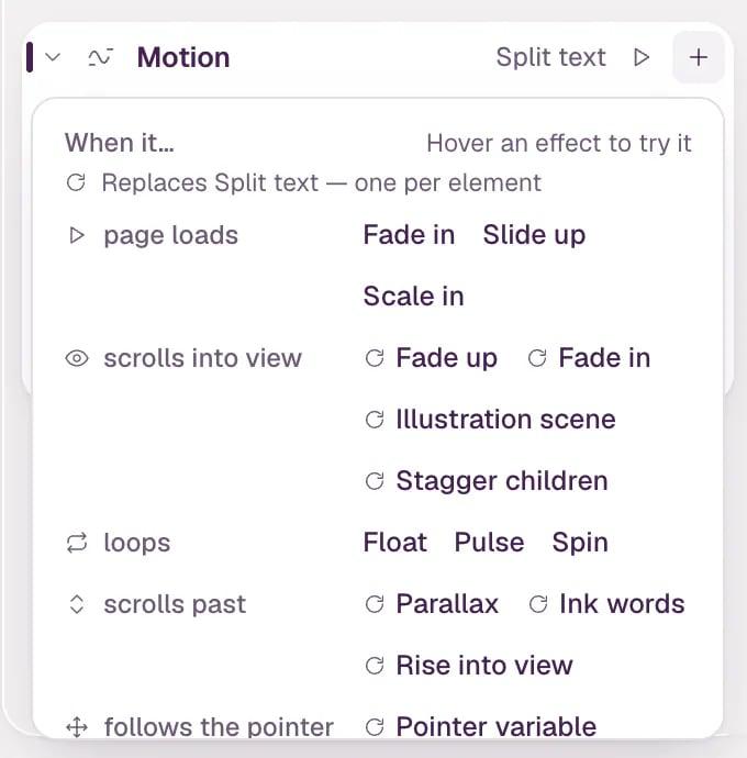 The Add motion catalog: When it… page loads — Fade in, Slide up, Scale in; scrolls into view — Split text, Illustration scene; loops — Float, Pulse, Spin; scrolls past — Parallax; and From this site with the site's own interactions.