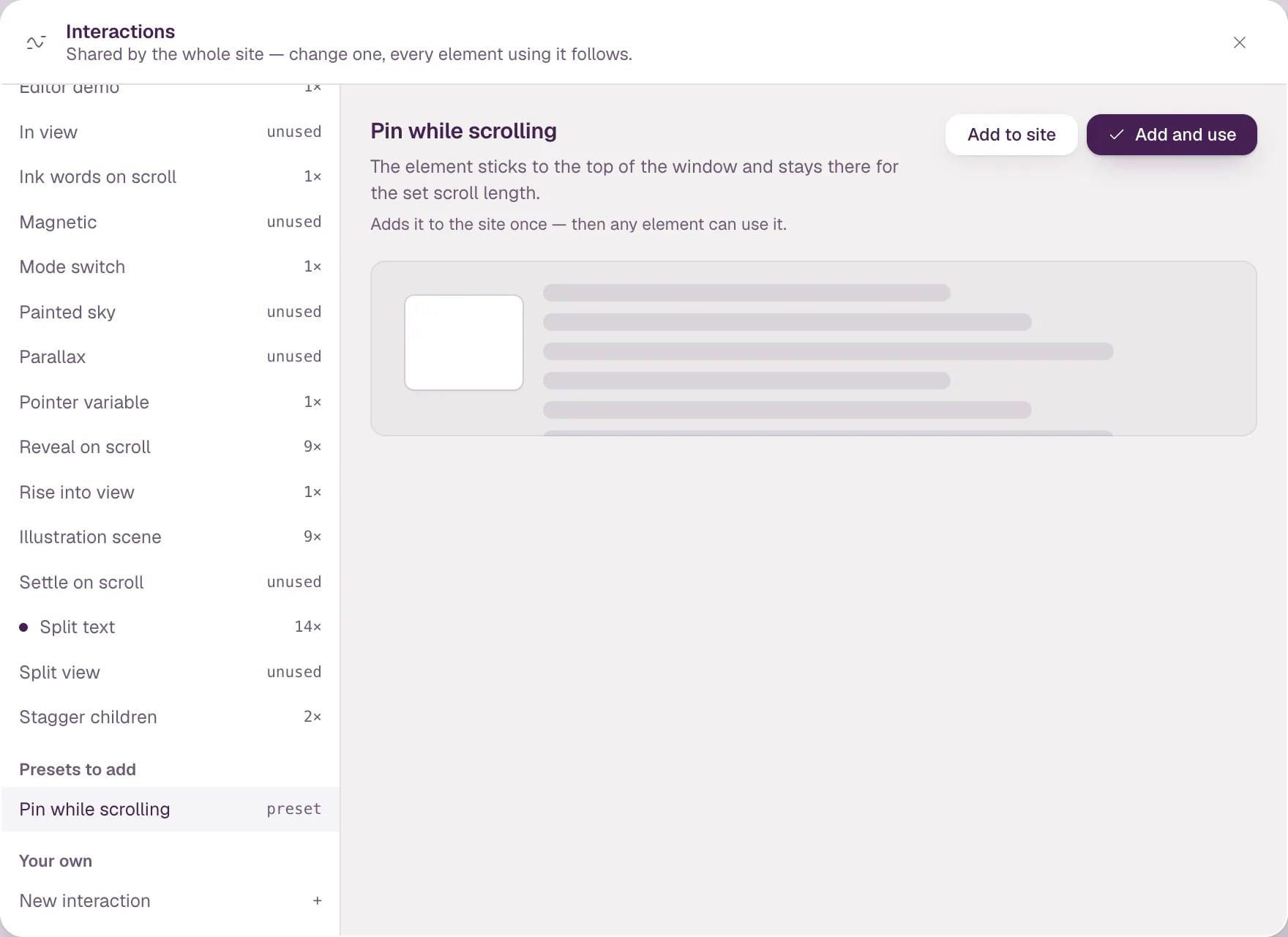 The Interactions dialog with the preset Pin while scrolling selected: a description, Add to site and Add and use. The list on the left shows the site's interactions with use counts, such as Reveal on scroll 9× and Split text 14×.