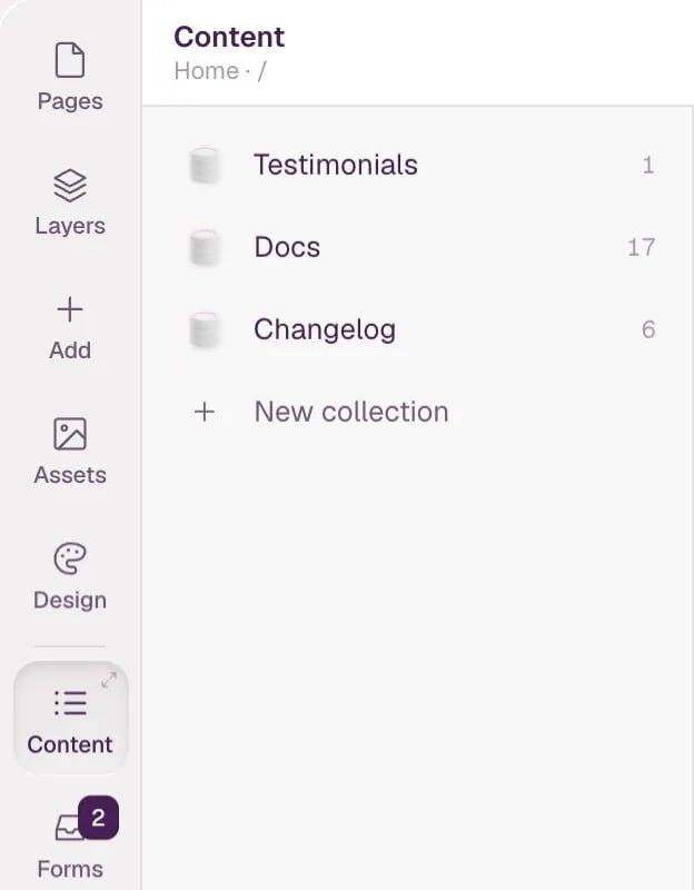 The Content area open full width. On the left are the collections Testimonials, Docs and Changelog with their item counts, and New collection below them.