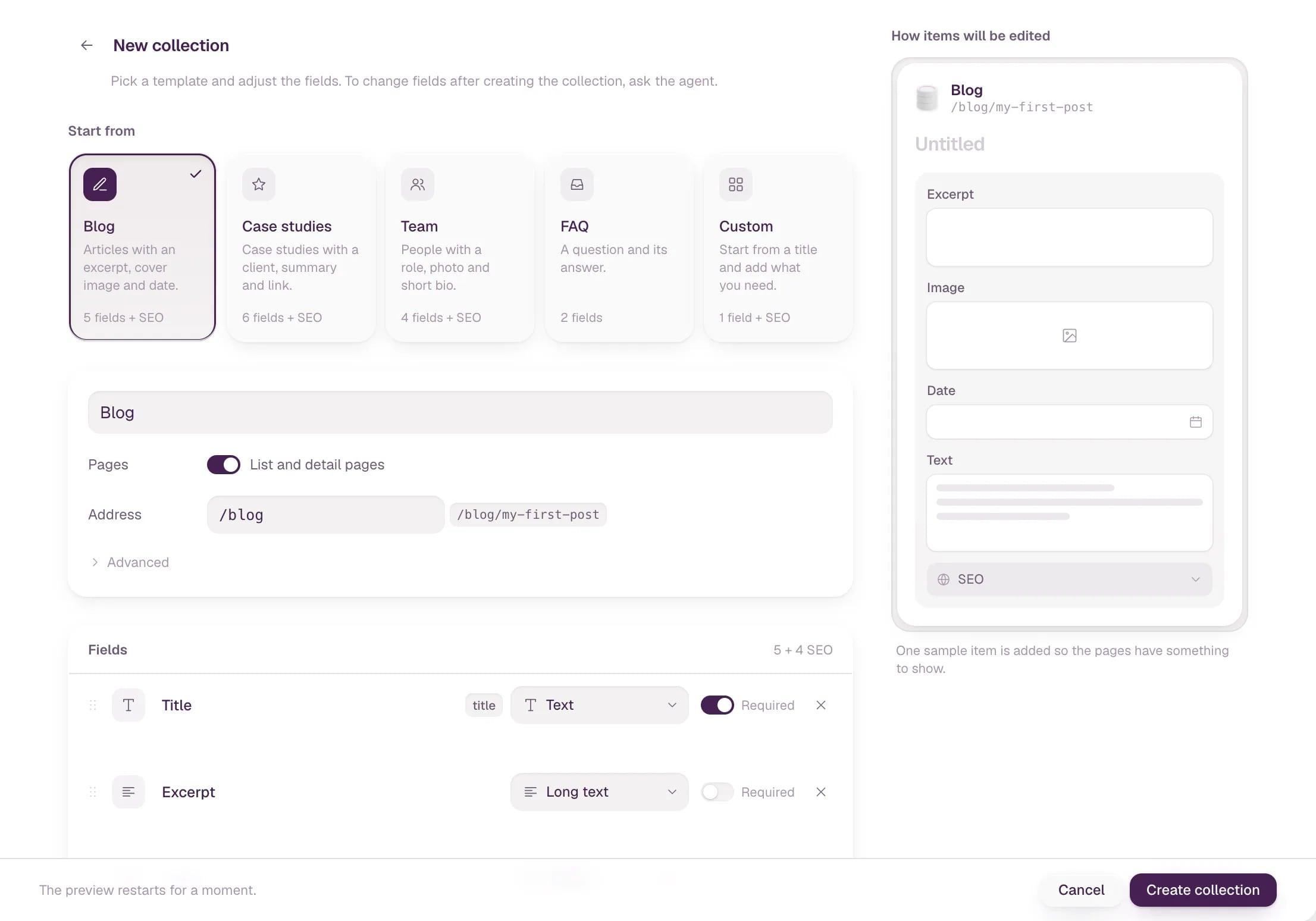 Clicking the Blog, Team and FAQ templates in turn. The field list and the item preview on the right change with each one.