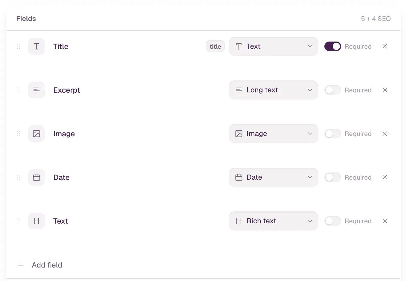 The field list of a new Blog collection: Title marked as the title field and required, then Excerpt, Image, Date and Text with their types.