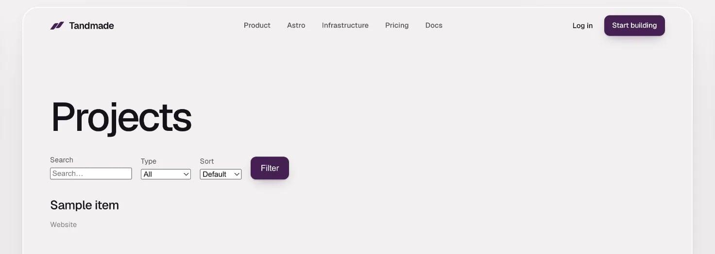 A new Projects collection's list page on the canvas: the heading Projects, a search field, a Type filter, a sort menu, a Filter button, and the sample item below.