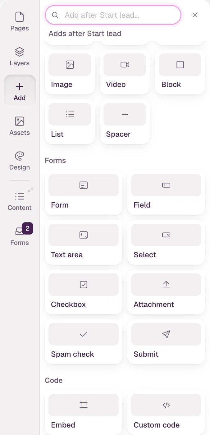 The Add panel with the Forms group: Form, Field, Text area, Select, Checkbox, Attachment, Spam check and Submit.