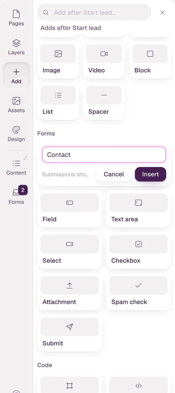 The Form tile open with the name Contact typed in, a note about where its submissions show up, and the Cancel and Insert buttons.