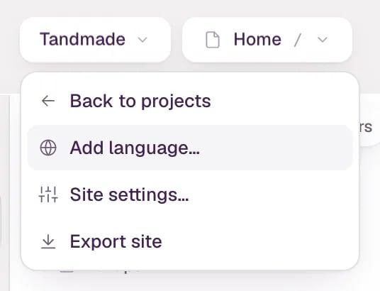 The site menu open under the site's name, with Back to projects, Add language…, Site settings… and Export site.
