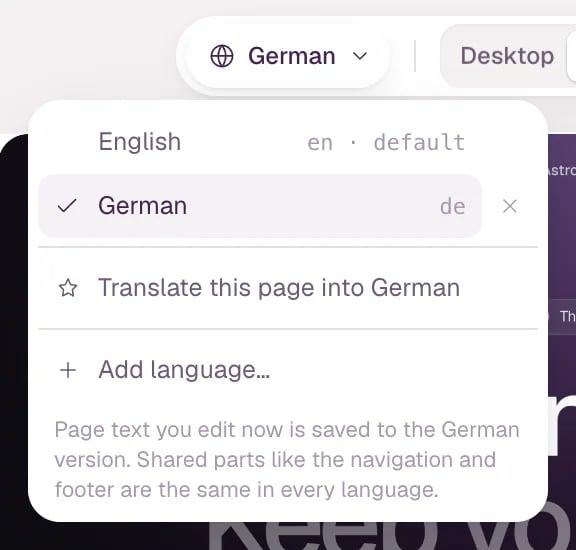 The language menu open under the German chip: English marked as the default, German with a remove button, Translate this page into German, and Add language….