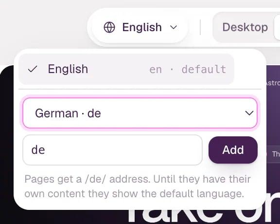 The language menu with German · de chosen in the list, a field for a language code and the Add button, above a note that pages get a /de/ address.