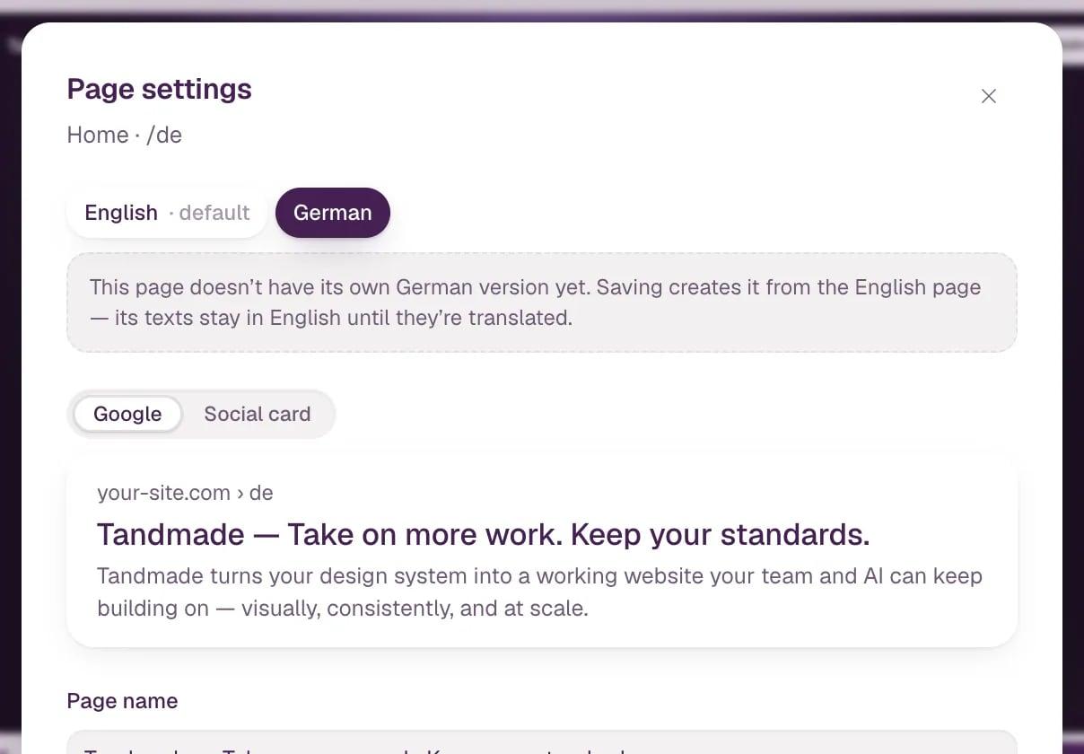 Page settings with English and German chips at the top, German selected.