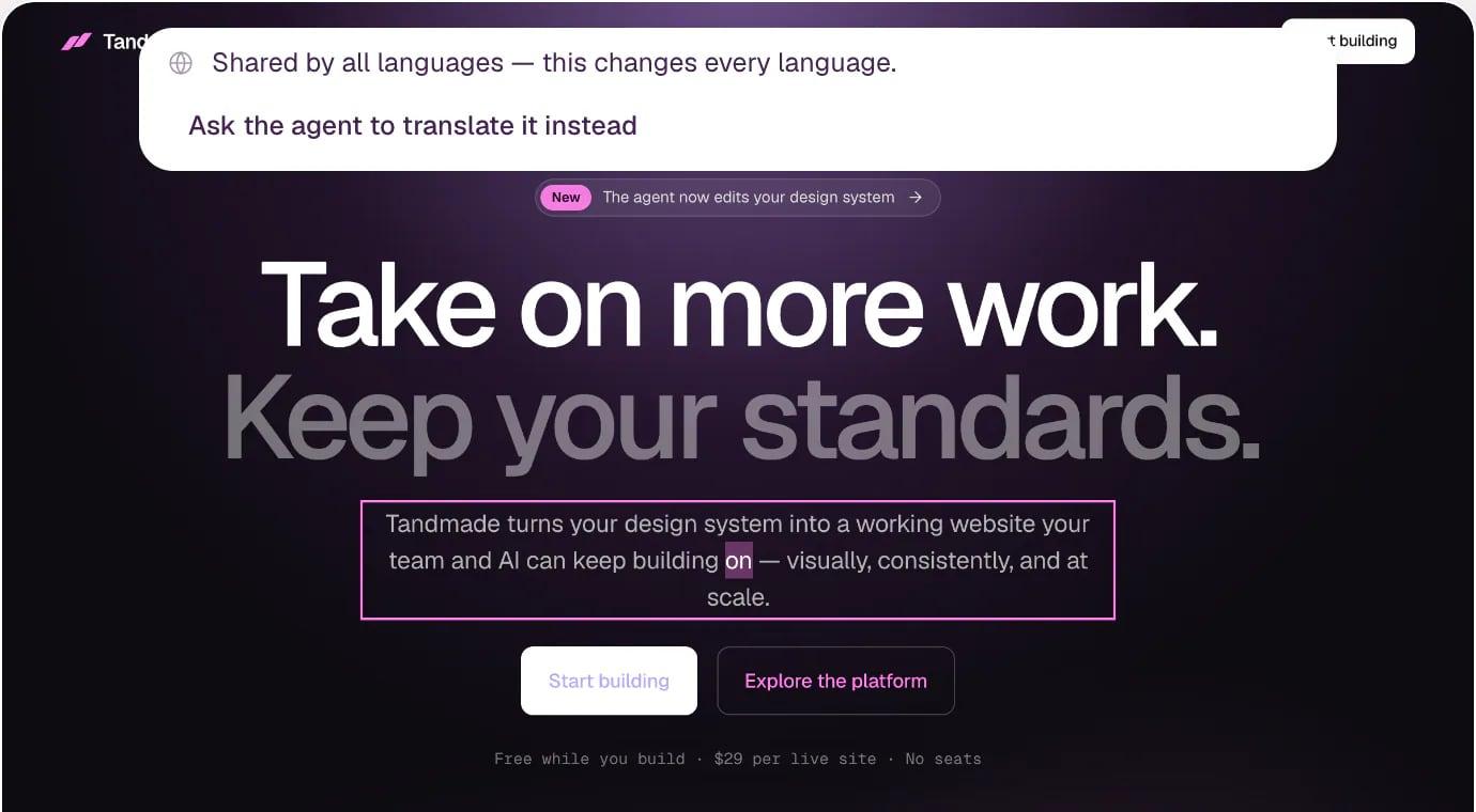 A note above the canvas: Shared by all languages — this changes every language, with the button Ask the agent to translate it instead.