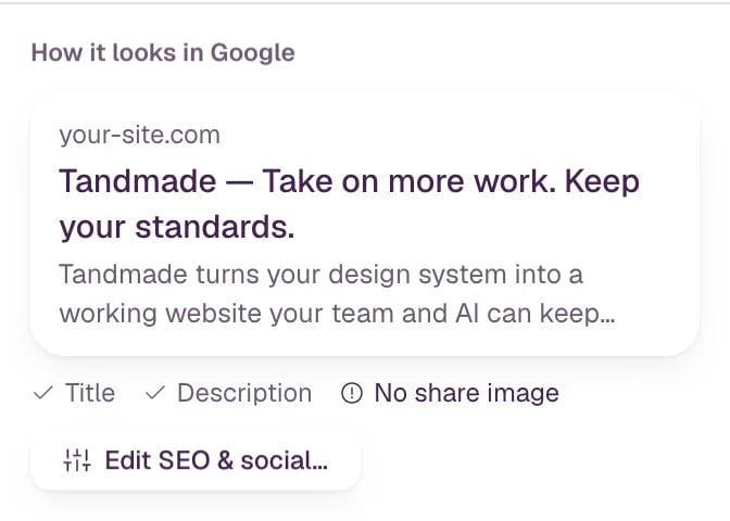 The inspector with nothing selected: How it looks in Google with the page's title and description, checks reading Title, Description and No share image, and the Edit SEO & social… button.
