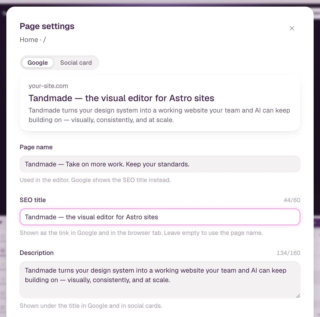 Page settings for the homepage. A new SEO title is typed in, the Google preview at the top shows it, and the counter next to SEO title reads 44/60.