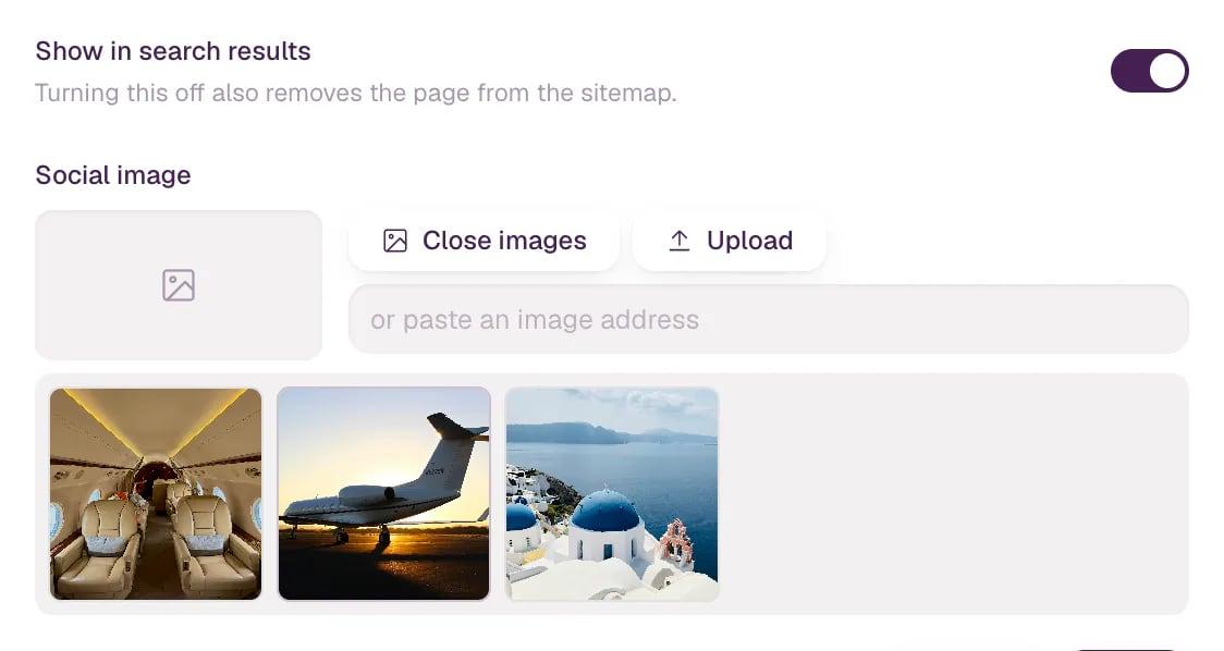 The lower part of Page settings: the Show in search results switch turned on, and Social image with the site's images open to pick from.